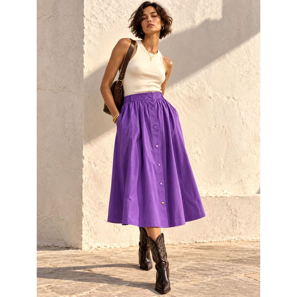 Vintage 90s Ecco Bay Purple Maxi Midi Skirt Button Front Elastic Waist A-Line